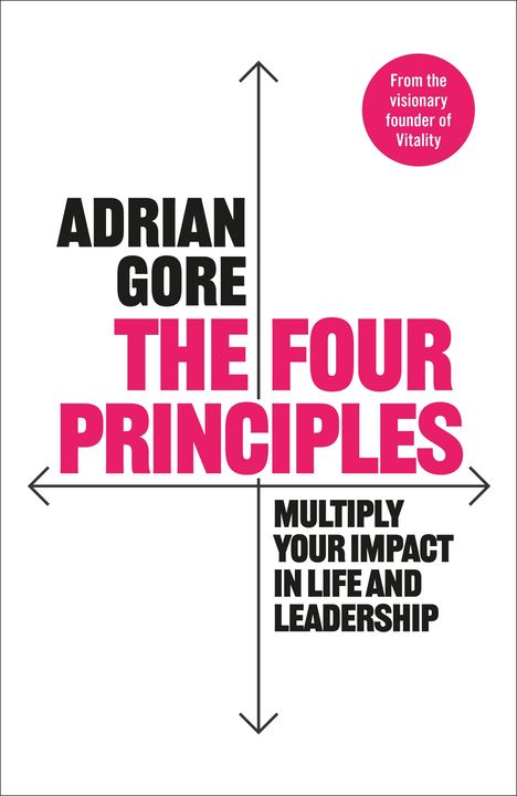 "ADRIAN GORE THE FOUR PRINCIPLES MULTIPLY YOUR IMPACT IN LIFE AND LEADERSHIP" in kräftigen Farben mit Pfeilen.