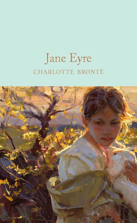 "Jane Eyre, Charlotte Brontë." Eine stimmungsvolle Illustration einer Frau vor einer herbstlichen Landschaft.
