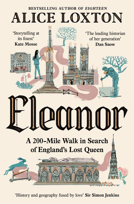 Buchtitel "Eleanor" von Alice Loxton. Illustrationen zeigen historische Gebäude, Monumente und Figuren in gedeckten Farben.