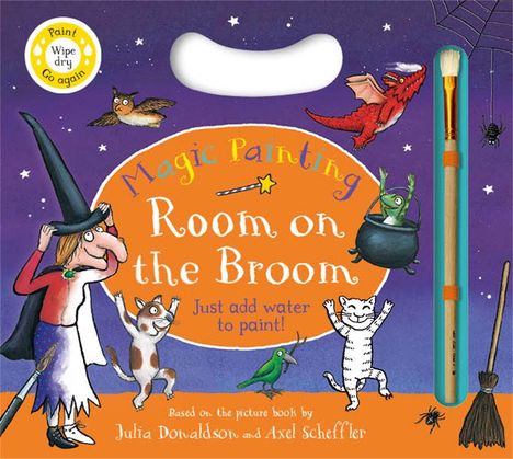 Auf lila Hintergrund: "Magic Painting Room on the Broom". Eine Hexe, Tiere und ein Pinsel sind illustriert.