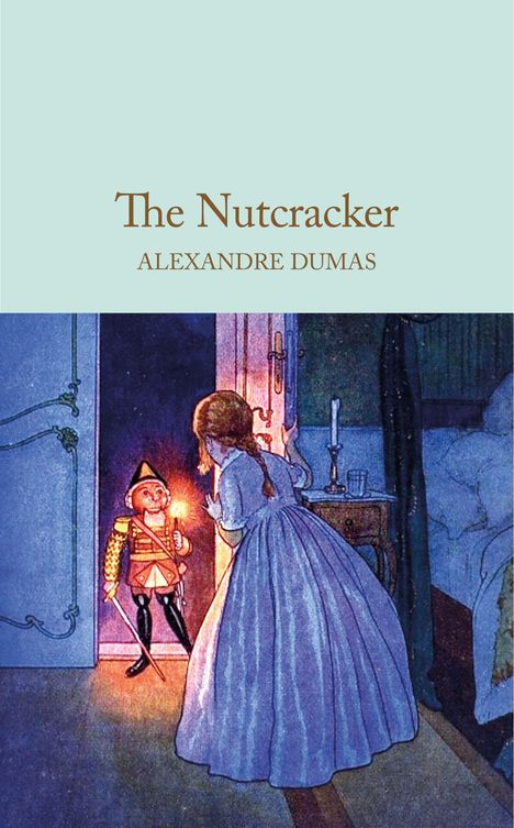 "The Nutcracker, Alexandre Dumas." Eine Szene mit einem Mädchen vor einem Nussknacker, der eine Kerze hält.