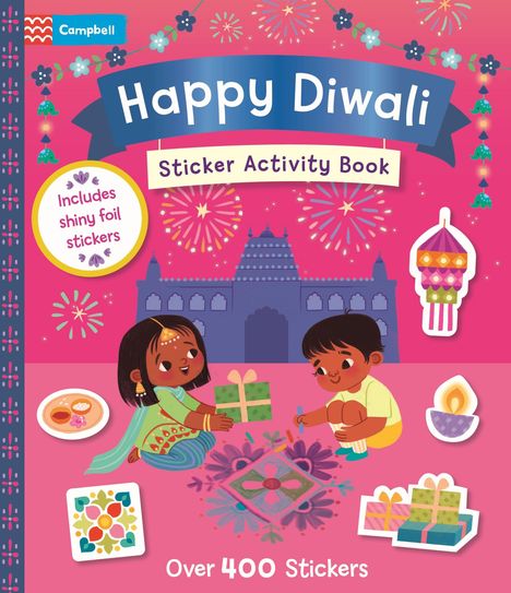 „Happy Diwali Sticker Activity Book, Includes shiny foil stickers, Over 400 Stickers“. Illustration von Kindern und Feuerwerk.