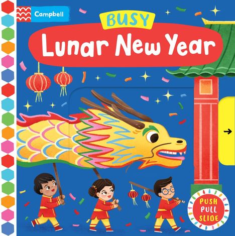 "Busy Lunar New Year" mit einem Drachen, Dekorationen und fröhlichen Menschen in Festkleidung. Bunt und lebendig.