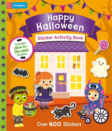 "Happy Halloween Sticker Activity Book. Includes glow-in-the-dark stickers. Over 400 Stickers." Illustration mit Halloween-Motiven.
