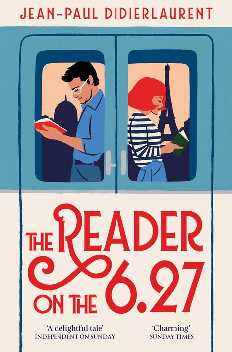 "THE READER ON THE 6.27", internationaler Bestseller, Jean-Paul Didierlaurent. Illustration mit Zug und springenden Rentieren.