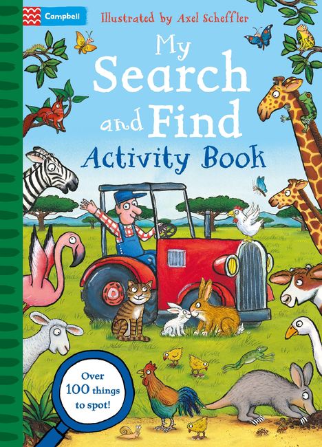 Text: "My Search and Find Activity Book", "Over 100 things to spot!". Illustration: Tiere, ein Mann auf einem Traktor.