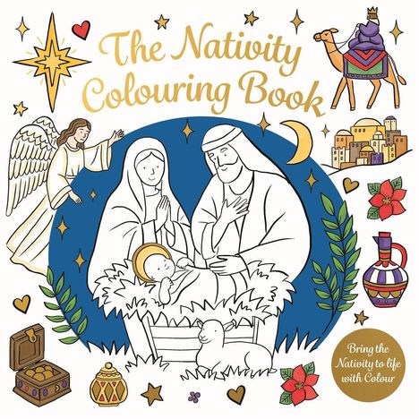 Text: "The Nativity Colouring Book" und "Bring the Nativity to life with Colour". 

Illustration der Geburt Jesu mit Engel, Hirte und Tieren.