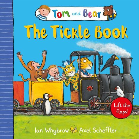 Titel: "The Tickle Book". Ein bunter Zug mit fröhlichen Figuren, darunter ein Junge, Tiere und ein Vogel.