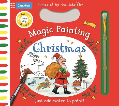 Der Text lautet: "Magic Painting Christmas. Just add water to paint!" Ein gemalter Weihnachtsmann mit Pinsel und Rentier.