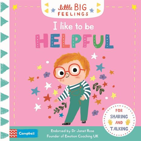 Text: "I like to be HELPFUL" und "For sharing and talking". Illustration: Kind mit Brille, bunte Sterne auf rosa Hintergrund.