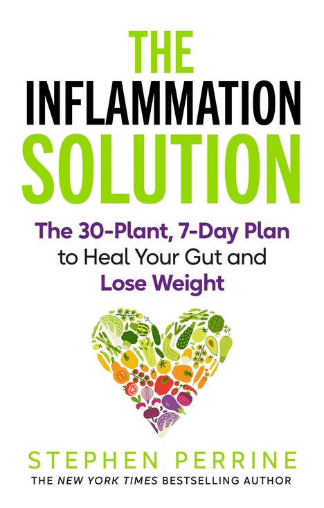 „The Inflammation Solution“ und „Stephen Perrine“, zentriert. Grafik eines Vogels oben einer Liste von Text.