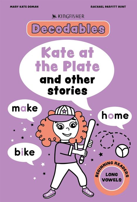 Text: "Kate at the Plate and other stories", "make", "safe", "game", "BEGINNING READERS", "LONG VOWELS". Illustration: Mädchen mit Baseball-Ausrüstung.