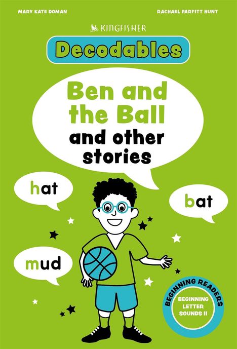 „Ben and the Ball and other stories“, Illustration eines Jungen mit Ball, Wörter: „hat“, „bat“, „mud“.