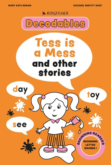 "Tess is a Mess and other stories" steht in einer Sprechblase. Illustration eines Mädchens mit Farbspritzern.