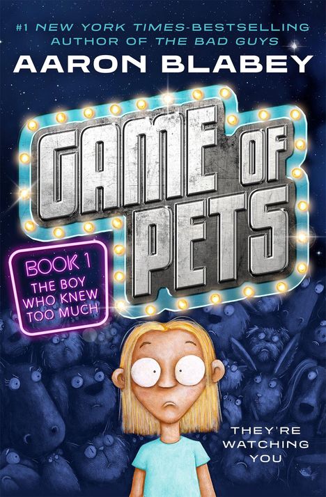 Buchcover: "Game of Pets". Buch 1: "The Boy Who Knew Too Much". Illustration: Kind mit erschrockenen Augen, viele Tiere im Hintergrund.