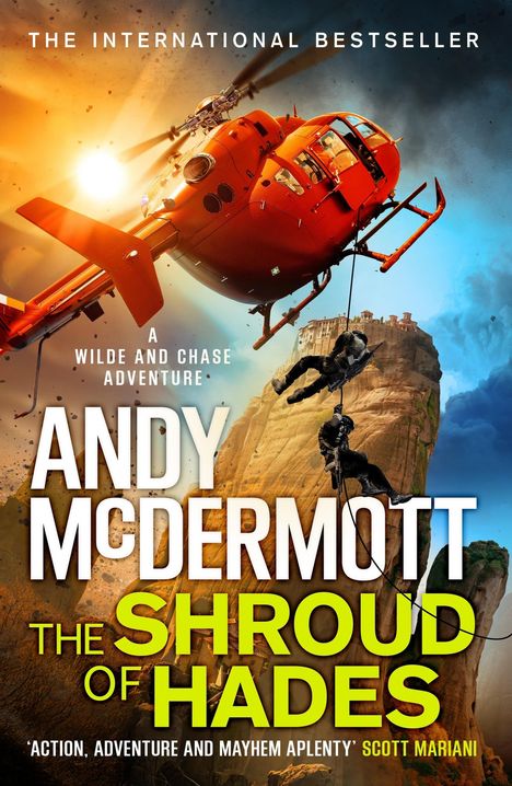 Titel: "THE SHROUD OF HADES". Ein Helikopter schwebt, zwei Personen seilen sich an einer felsigen Klippe ab. Opulente Farben.