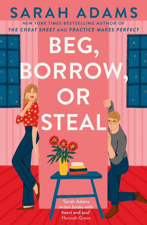 „Beg, Borrow, or Steal“ steht groß. Eine Frau in roter Bluse lehnt an der Wand. Ein Mann lugt von hinten hervor.