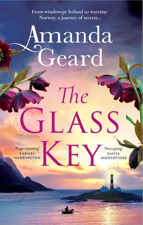 „From windswept Ireland to wartime Norway... Amanda Geard. The Glass Key. Boot auf See vor Leuchtturm bei Sonnenuntergang.“