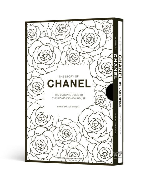 „THE STORY OF CHANEL“ Buch von Emma Baxter-Wright, umgeben von Rosenzeichnungen.