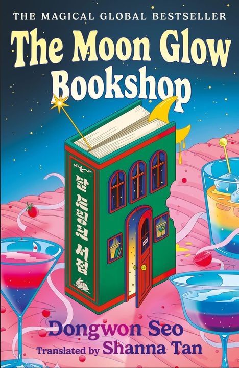 „The Moon Glow Bookshop“, Buch als Gebäude, bunte Cocktails, Zauberstab, Mondmotive, verträumter Stil.