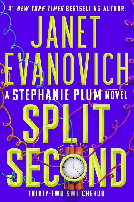 "JANET EVANOVICH SPLIT SECOND" steht in großen Buchstaben vor knalligem Hintergrund, umrahmt von bunten Spiralkabeln.