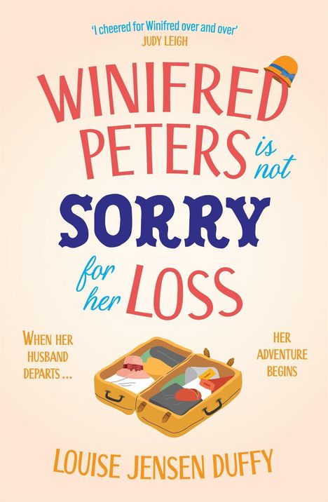 Text: "Winifred Peters is not Sorry for her Loss." Illustration: Ein aufklappbarer Koffer mit Kleidung und einem Ticket.