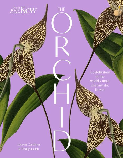 „Royal Botanic Gardens Kew“ und „THE ORCHID“ auf lila Hintergrund. Gezeichnete Orchideen mit grünen Blättern.