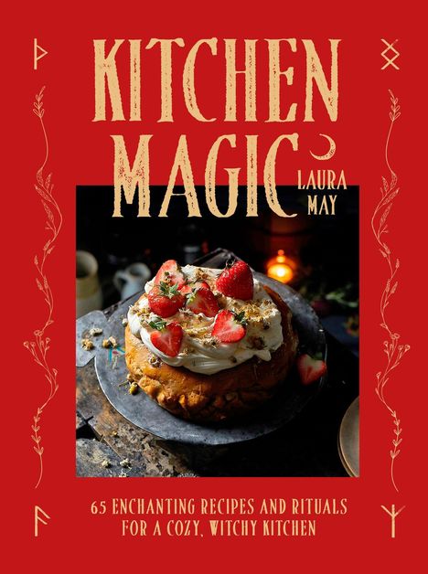 "KITCHEN MAGIC" von Laura May. Illustration mit einem Kuchen, dekoriert mit Sahne und Erdbeeren auf einem dunklen Hintergrund.