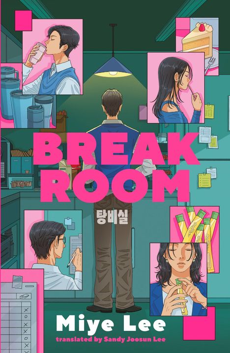 Text: "BREAK ROOM" und "Miye Lee". Eine Illustration zeigt Menschen in einer Kaffeepause und alltägliche Szenen.