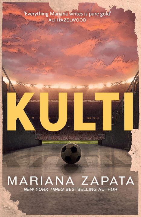 Logo-Illustration: "KULTI" in großen, gelben Buchstaben, darunter "Mariana Zapata". Ein Fußball liegt in einem Stadiontunnel.