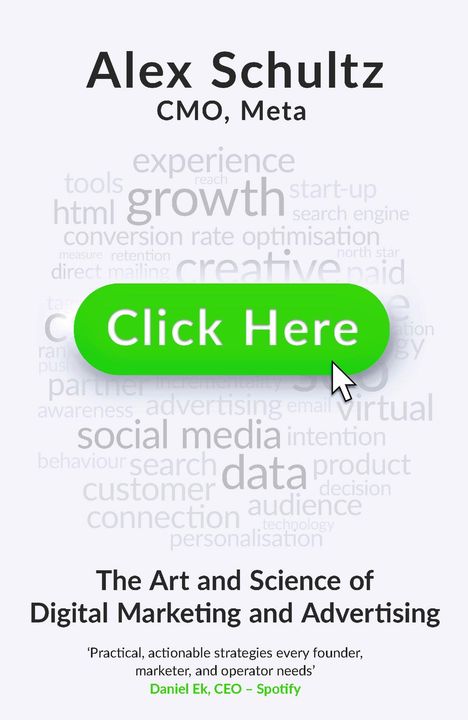 "Click Here" auf grünem Button. Hintergrund mit Begriffen wie "growth", "data". Oben dicker Text: "Alex Schultz, CMO, Meta".