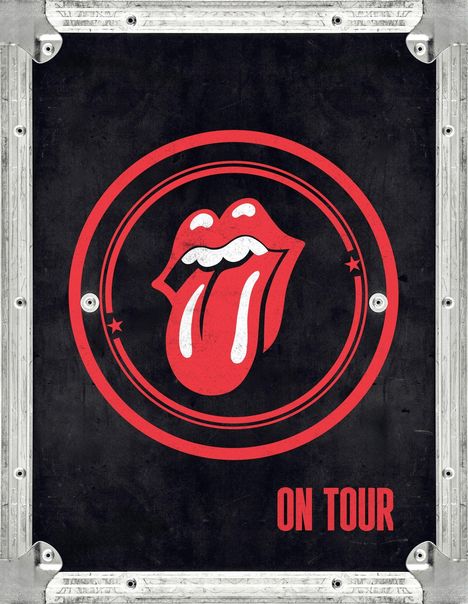 Text: "ON TOUR". Ein ikonisches Logo mit roten Lippen und herausgestreckter Zunge, umgeben von Kreisen und Sternen.