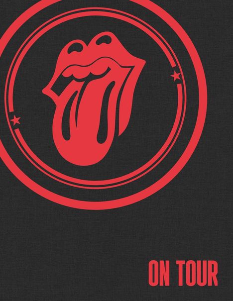 Text: "ON TOUR". Illustration: Rote Zunge und Lippen in einem kreisförmigen Logo auf schwarzem Hintergrund.