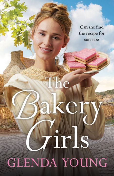 Text: "Can she find the recipe for success? The Bakery Girls. Glenda Young." Eine Frau hält einen Teller mit Gebäck.
