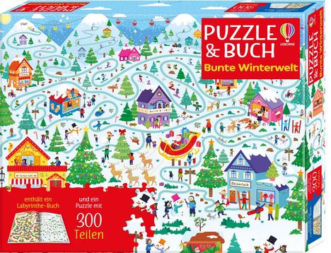 "Puzzle & Buch: Bunte Winterwelt. Enthält ein Labyrinthe-Buch und ein Puzzle mit 300 Teilen." Eine winterliche Illustration mit Spielszene.
