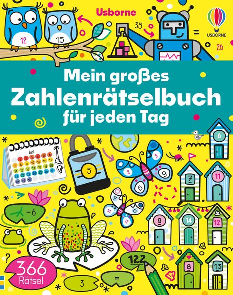 "Mein großes Zahlenrätselbuch für jeden Tag" - Bunte Illustrationen mit Eulen, einem Roboter, Schmetterlingen und Zahlen.