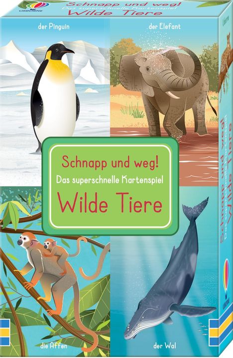 „Schnapp und weg! Das superschnelle Kartenspiel Wilde Tiere.“ Illustrationen von Pinguin, Elefant, Affen und Wal.