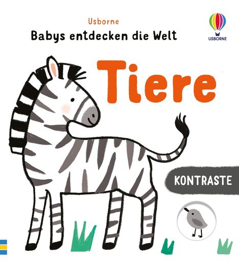 "Babys entdecken die Welt. Tiere. Kontraste." Illustration eines lächelnden Zebras auf weißem Hintergrund mit buntem Logo.
