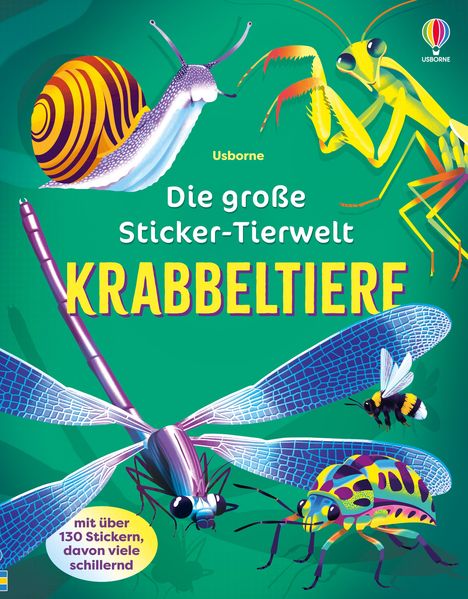 "Die große Sticker-Tierwelt: KRABBELTIERE" mit bunter Schnecke, Gottesanbeterin, Libelle, Biene und Käfer auf grünem Hintergrund.