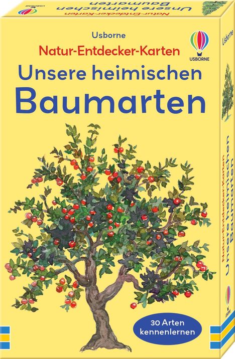 "Unsere heimischen Baumarten", Illustration eines Baumes mit roten Beeren, gelber Hintergrund. Logo oben rechts.