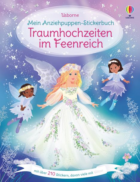 Titel: "Traumhochzeiten im Feenreich". Drei Feen in glitzernden Kleidern, umgeben von Blumen und Schmetterlingen.