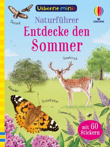 Buchcover mit Text: "Entdecke den Sommer". Zeigt Bussard, Damhirsch, Distelfalter, Holunder und Sommerflieder. Enthält ein Logo.