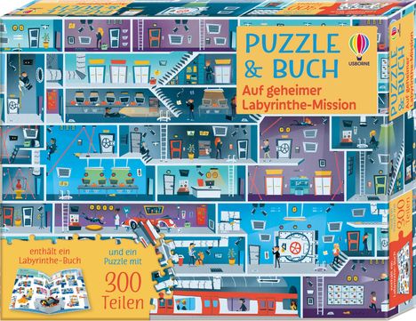 "Puzzle & Buch - Auf geheimer Labyrinthe-Mission" zeigt ein Comic-Labyrinth mit Figuren in verschiedenen Räumen.