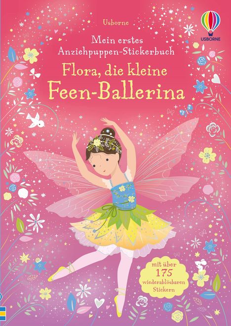 "Flora, die kleine Feen-Ballerina." Illustration: Ein Mädchen als Fee mit Flügeln und Blumendetails vor rosafarbenem Hintergrund.