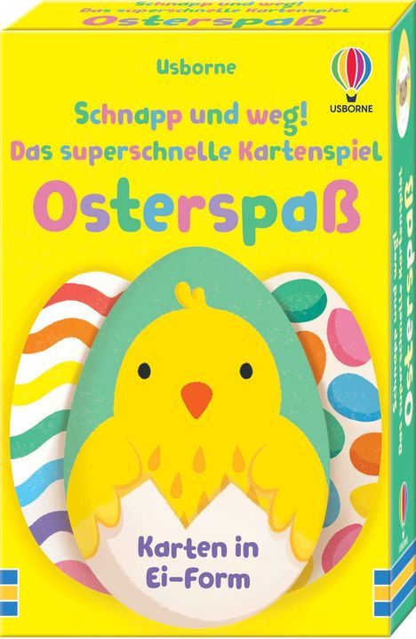 "Osterspaß", "Karten in Ei-Form". Gelber Hintergrund mit Küken, Regenbogenmuster und Usborne-Logo.