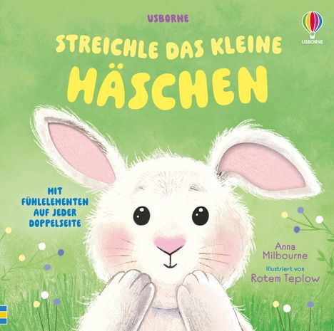 Ein kleines, flauschiges Häschen mit großen, rosa Ohren schaut freundlich. Text oben: "STREICHLE DAS KLEINE HÄSCHEN".