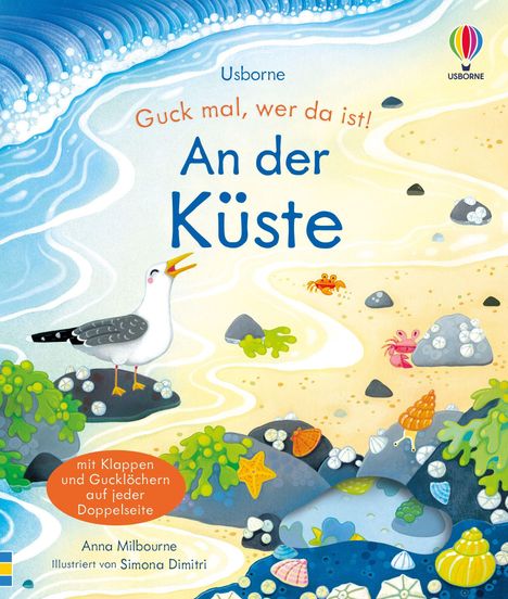 "Guck mal, wer da ist! An der Küste. Mit Klappen und Gucklöchern auf jeder Doppelseite. Illustration: Möwe am Strand."
