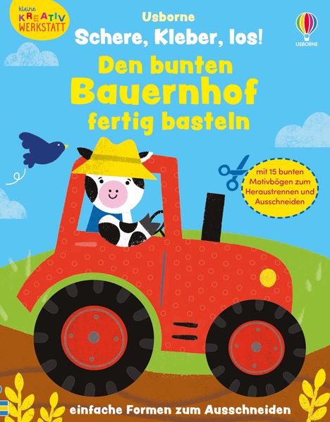 "Schere, Kleber, los! Den bunten Bauernhof fertig basteln." Illustration: Eine Kuh fährt Traktor; bunte, kindliche Gestaltung.