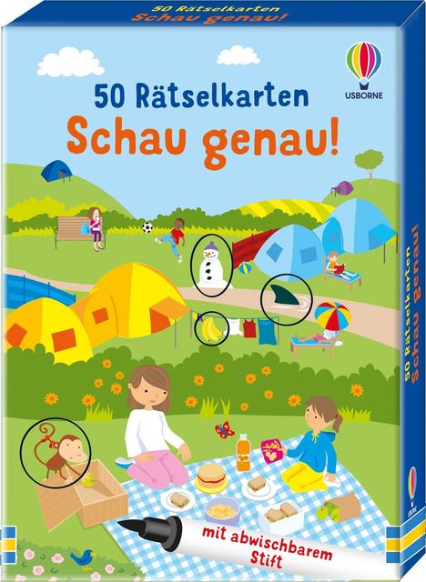 50 Rätselkarten: Schau genau! Illustration von einem Picknick mit Zelt, spielenden Kindern, Schneemann und Zeltplätzen.