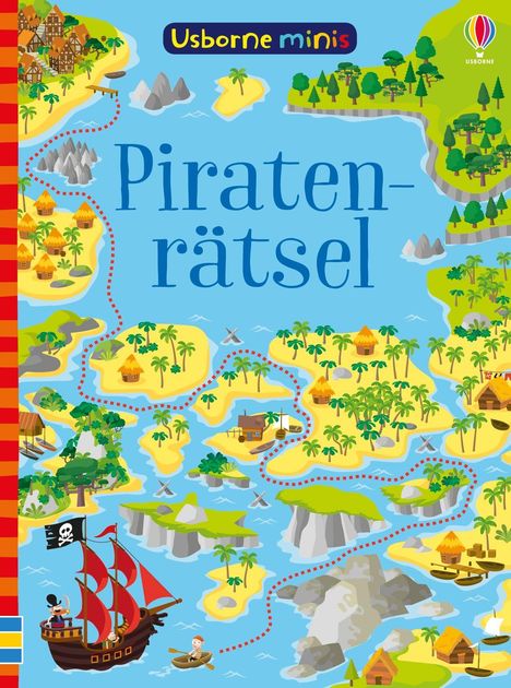 "Piratenrätsel" in blauer Schrift. Farbenfrohe Schatzkarte mit Piratenschiff, verschiedenen Inseln und einem Weg aus roten Punkten.
